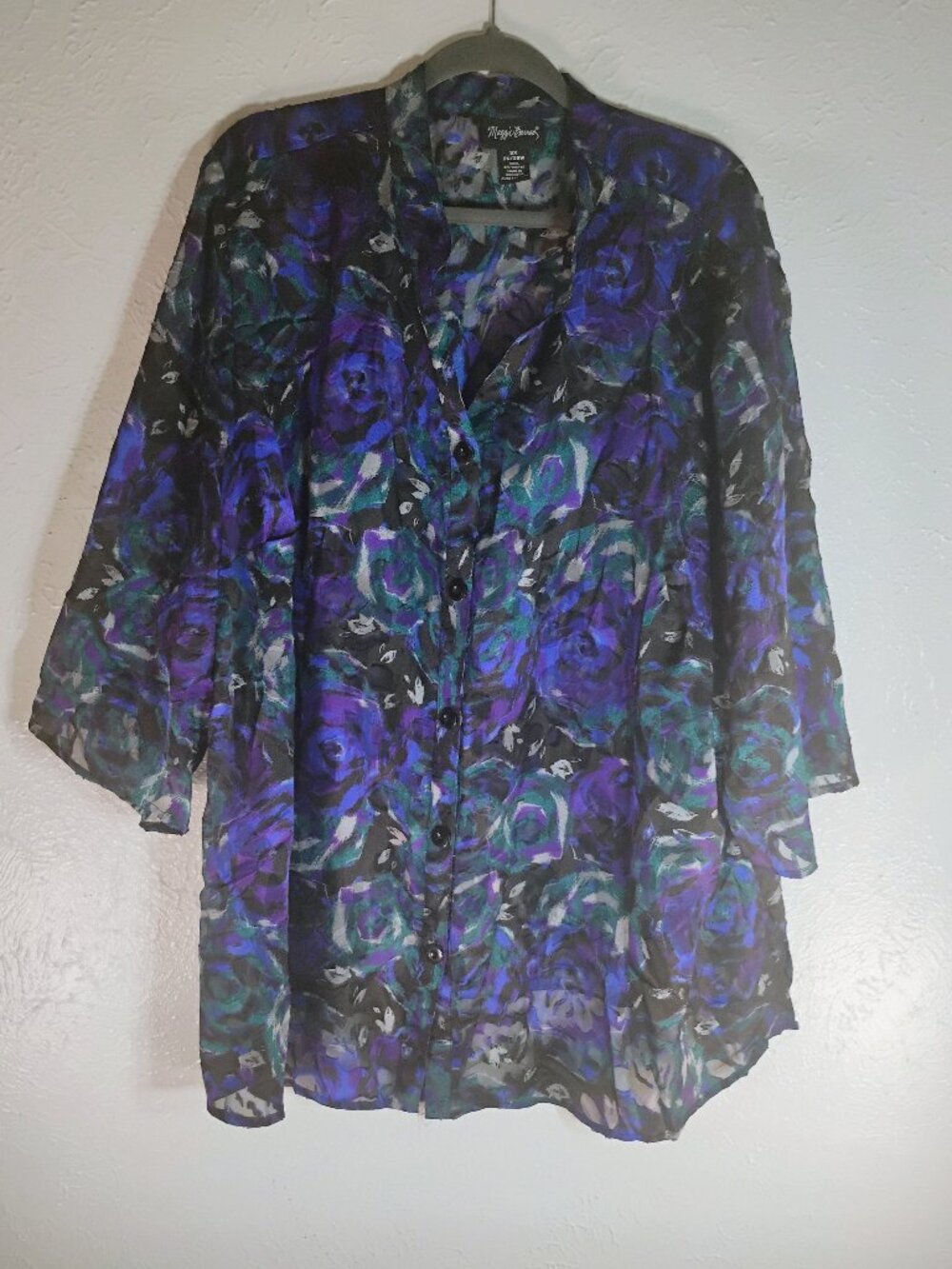 Maggie Barnes Women's Black Sheer Floral Blouse 3/4 Sleeves – Plus Size 3X